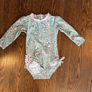 RuffleButts Pink and Green Floral Bathing Suit